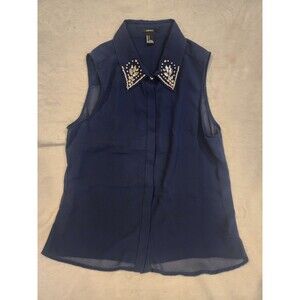 Forever 21 Blue Blouse Sheer Light sleeveless Rhinestone Collar top size S